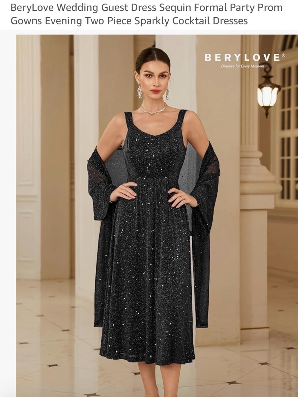 🦢Berylove sequin formal party prom Black two piece Dress with Shawl size S NEW